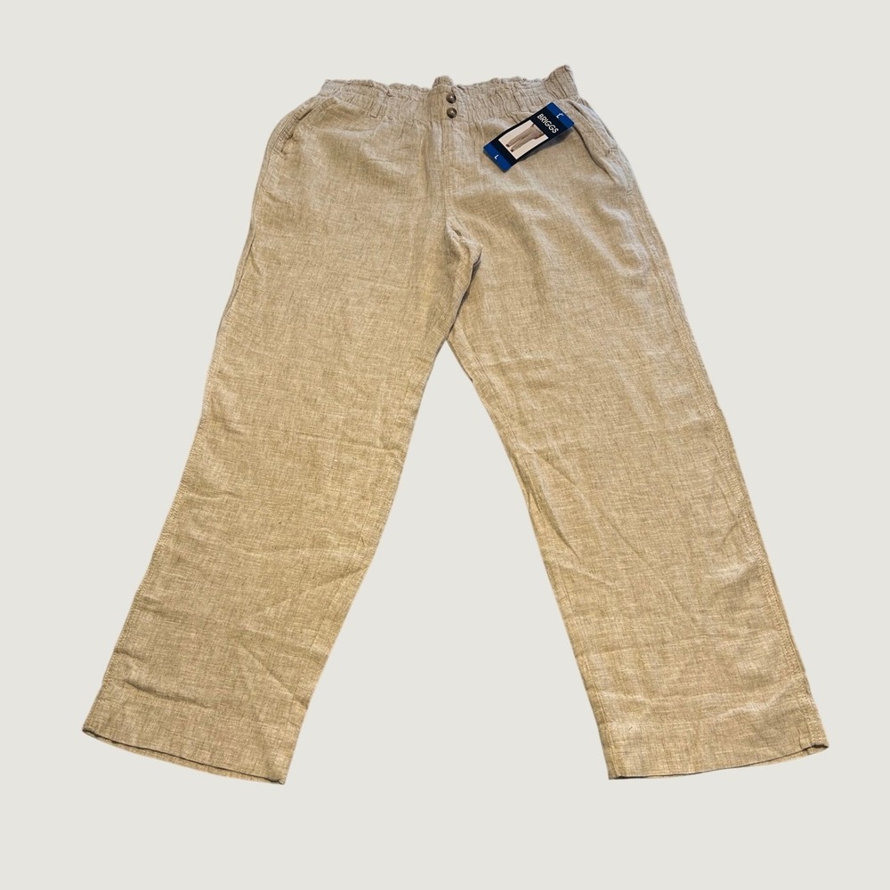 Briggs Linen Blend Pants Women Size L Tan New Elastic Waist Straight Leg